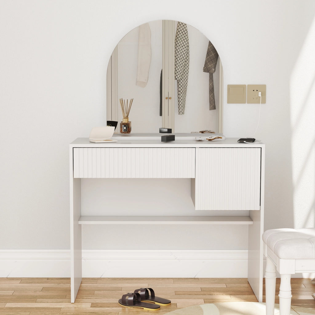 Tavolo da toeletta moderno con specchio; cassetti e mensole aperte; Bianco; B90×H135×P40cm