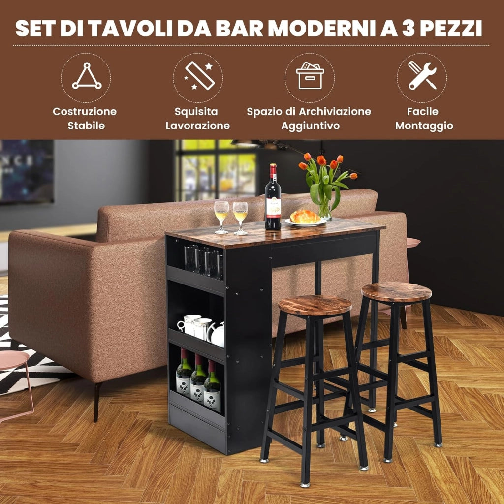 Set di Tavolo e 2 Sgabelli da Bar con Struttura in Legno e Metallo | Tavolo da Pranzo e Colazione a 3 Ripiani per Sala da Pranzo e Cucina, Marrone Rustico
