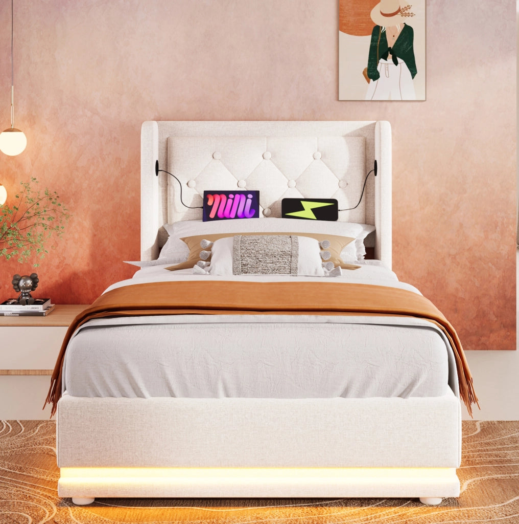 Letto singolo imbottito con contenitore, LED a 3 lati e ricarica USB/Tipo C