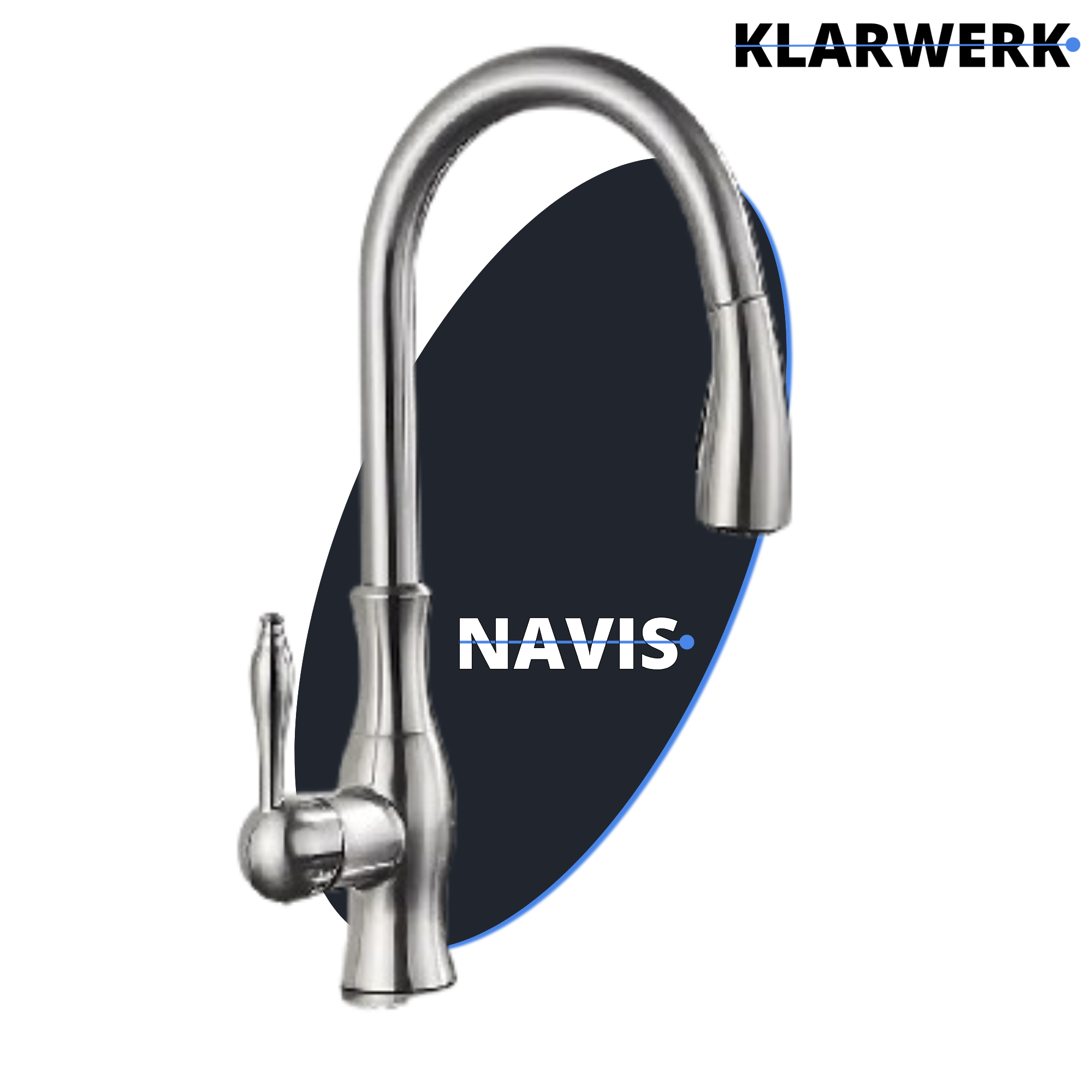 NAVIS | Elegante rubinetto cucina estraibile in acciaio inox argento, arco alto, miscelatore di lusso, alta pressione, 360°, 2 attacchi