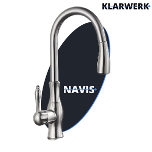 NAVIS | Elegante rubinetto cucina estraibile in acciaio inox argento, arco alto, miscelatore di lusso, alta pressione, 360°, 2 attacchi