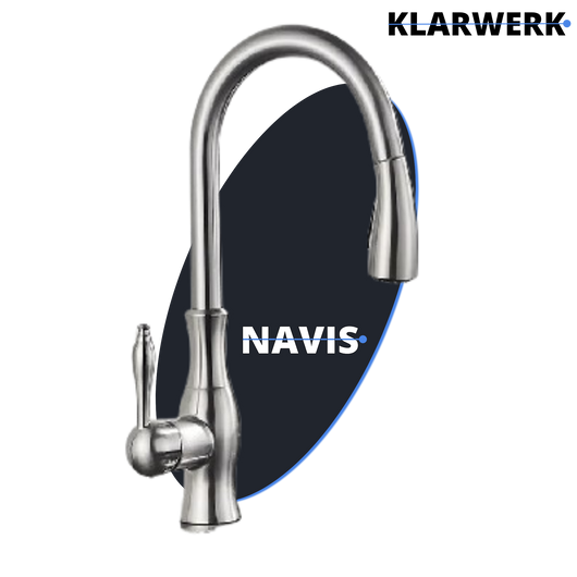 NAVIS | Elegante rubinetto cucina estraibile in acciaio inox argento, arco alto, miscelatore di lusso, alta pressione, 360°, 2 attacchi