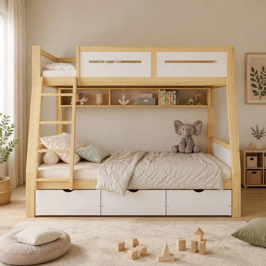 Letto a castello per bambini con 3 cassetti, libreria e sponda di sicurezza