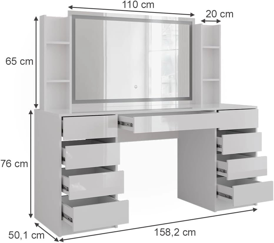 Tavolo da toeletta Sherry, Bianco/bianco lucido, 158.2 cm 4 parti, con illuminazione LED e specchio regolabile in altezza
