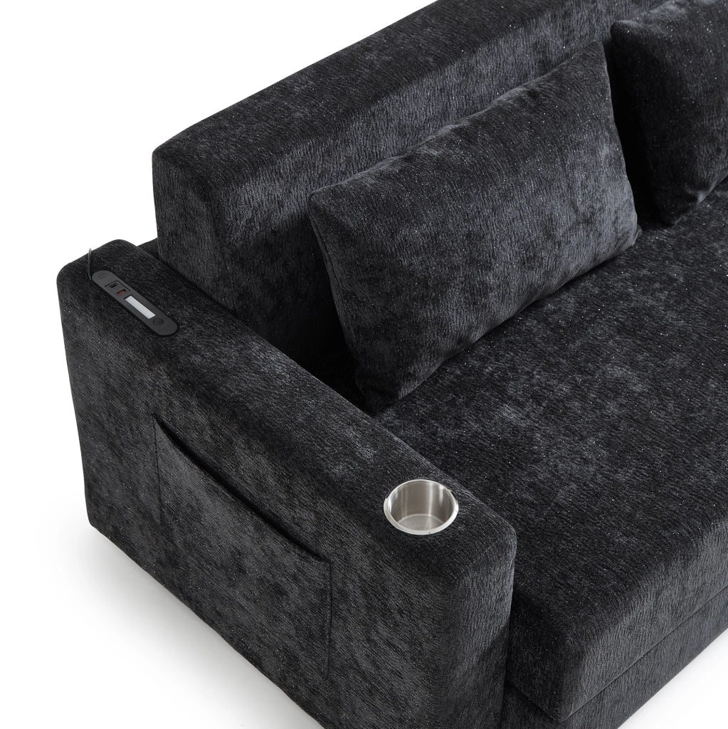 Divano letto 2 posti 153x77x65 cm in ciniglia grigio nero con USB e 2 cuscini
