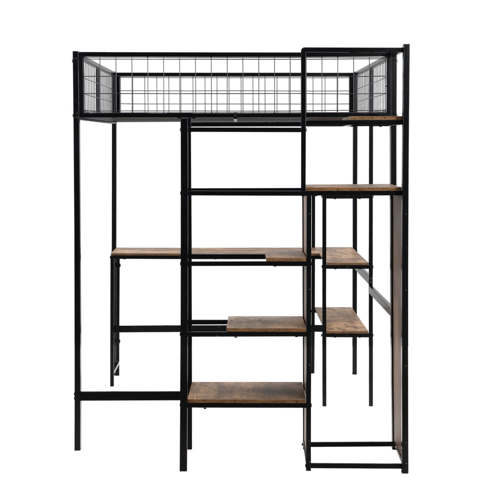 Letto a soppalco 140x200 cm con scrivania, ripiani e armadio integrati