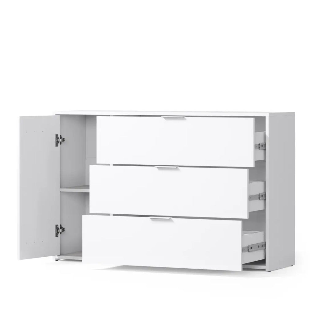 Comò FLORENCE – Bianco e quercia – 1 porta + 3 cassetti – Chiusura ammortizzata – Design contemporaneo