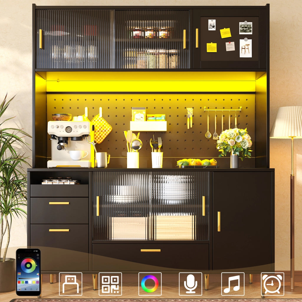 Credenza e madia con LED smart, vani aperti e cassetti, per cucina e sala da pranzo, nero, 140 × 40 × 180 cm