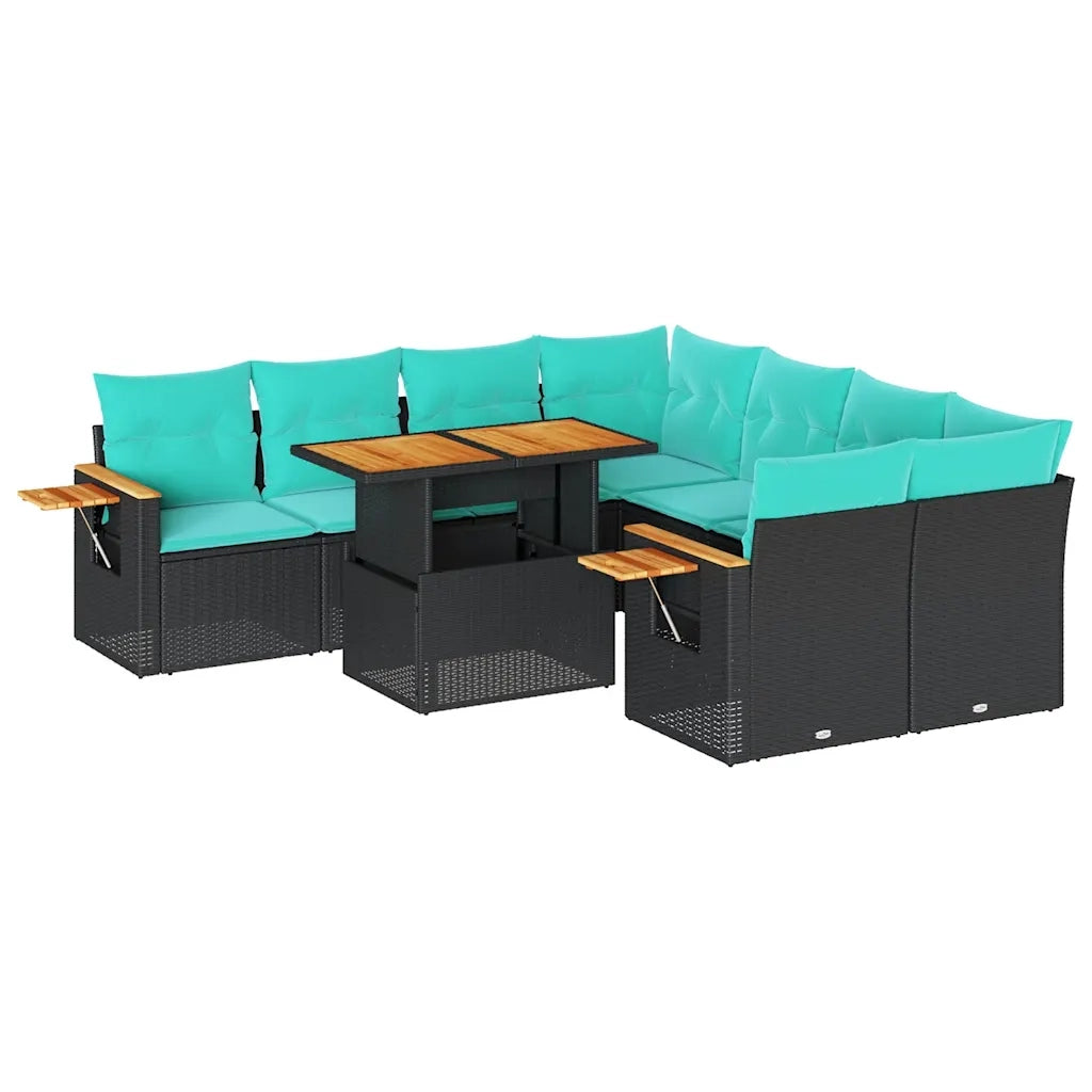 Set Divani da Giardino 9 pz con Cuscini Nero in Polyrattan
