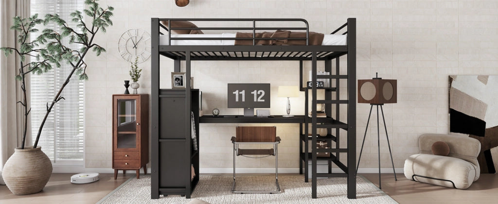 LETTO A CASTELLO 90x200 cm Nero in Metallo con Scrivania e Armadio