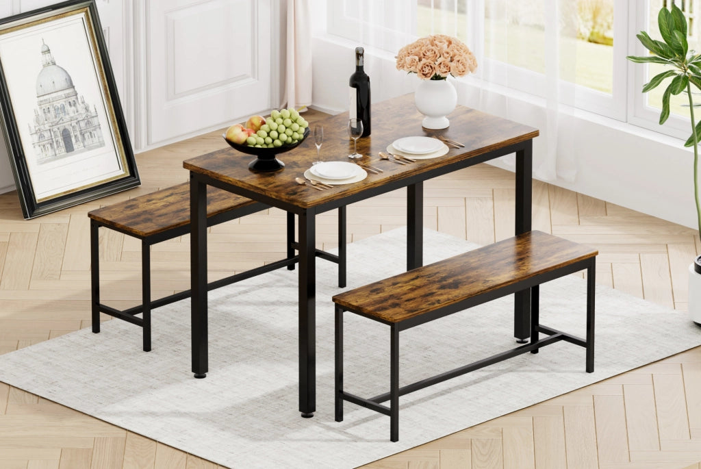 Set tavolo da pranzo ULEVR 110x60 cm con 2 panche per 4 persone, stile industriale marrone rustico e nero