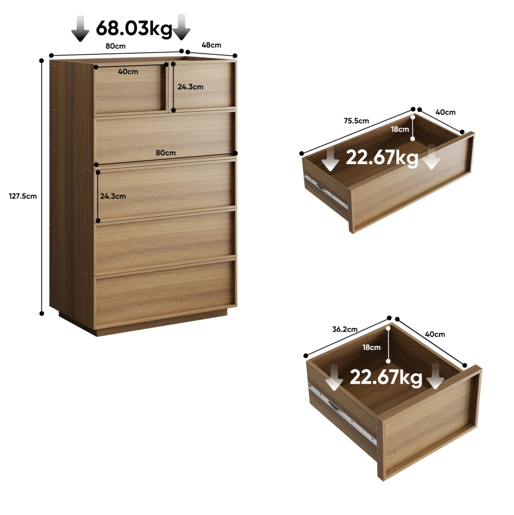 Cassettiera 80x48x127 cm con sei cassetti; guide in metallo; MDF e truciolare; naturale
