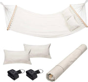 Hangmat per due persone per terrazza e campeggio con stecche in legno trasparente 232 x 148 cm copertura in cotone beige