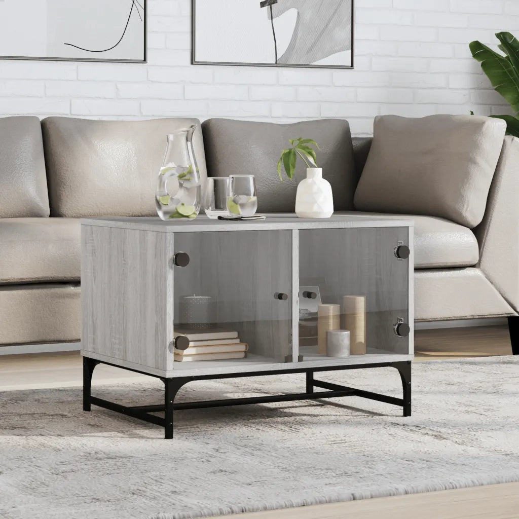 Tavolino salotto | Tavolino da caff¨¨ | Tavolino da Soggiorno con Ante in Vetro Grigio Sonoma 68,5x50x50 cm