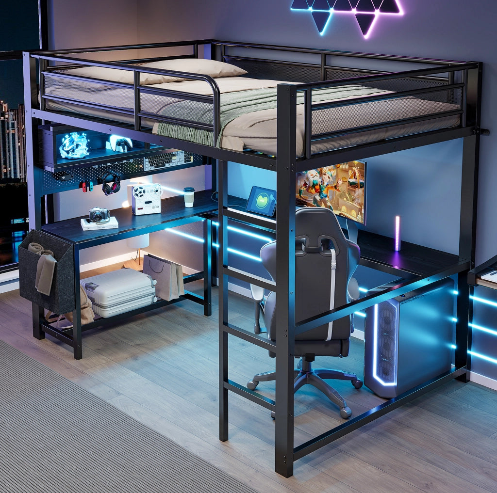 Letto a soppalco 140x200 cm con scrivania; LED e stazione di ricarica in MDF e metallo nero