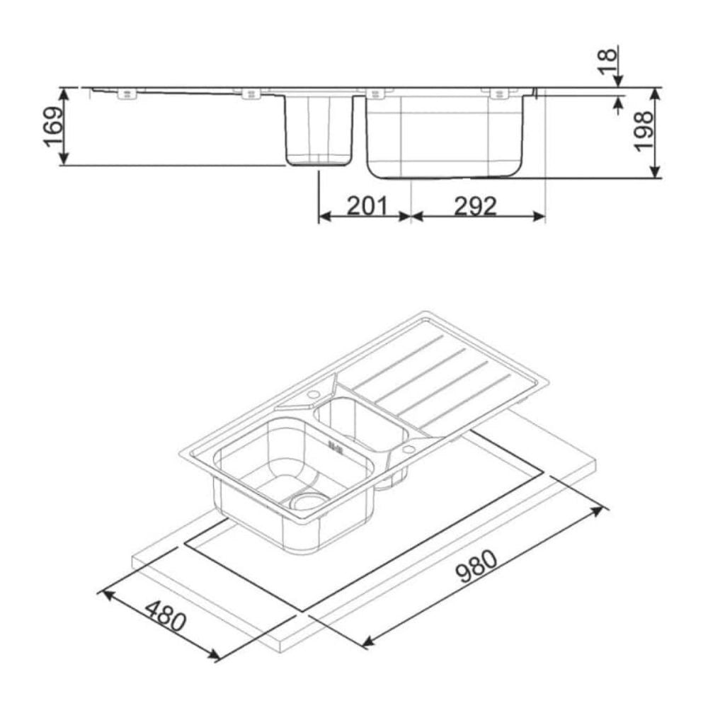 Lavello incasso 2 vasche e gocciolatoio reversibile 100x50 Smeg LFB112 inox spazzolato