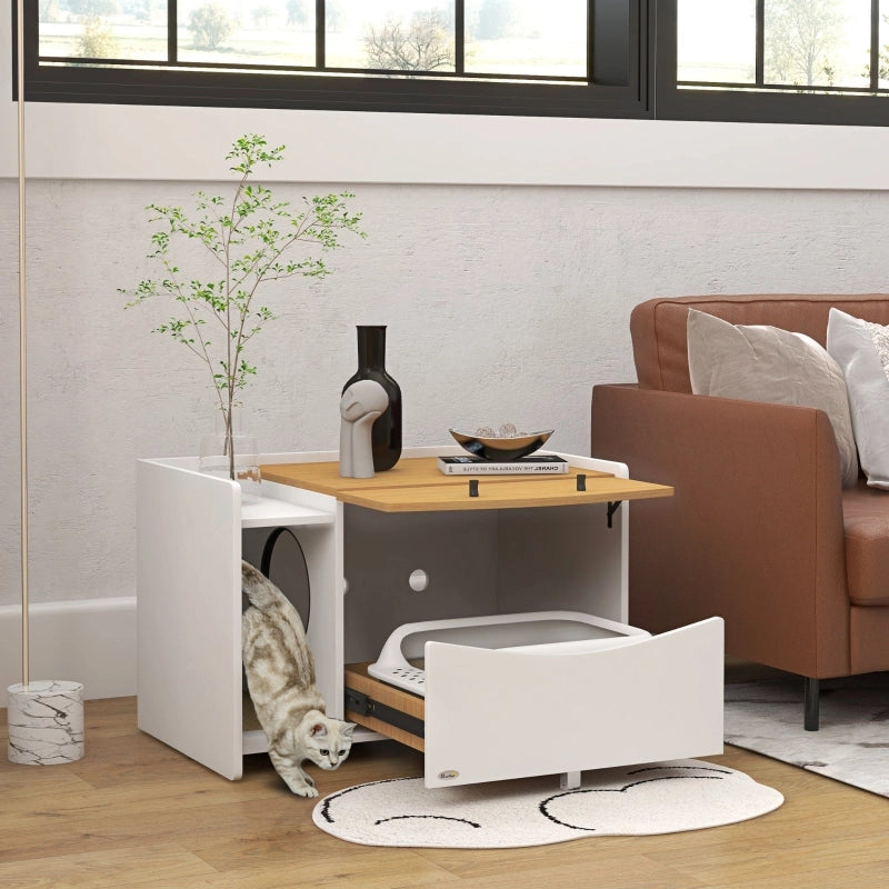 Mobile lettiera per gatti con vano estraibile, design armadio, rovere/bianco, 78 x 50 x 51 cm