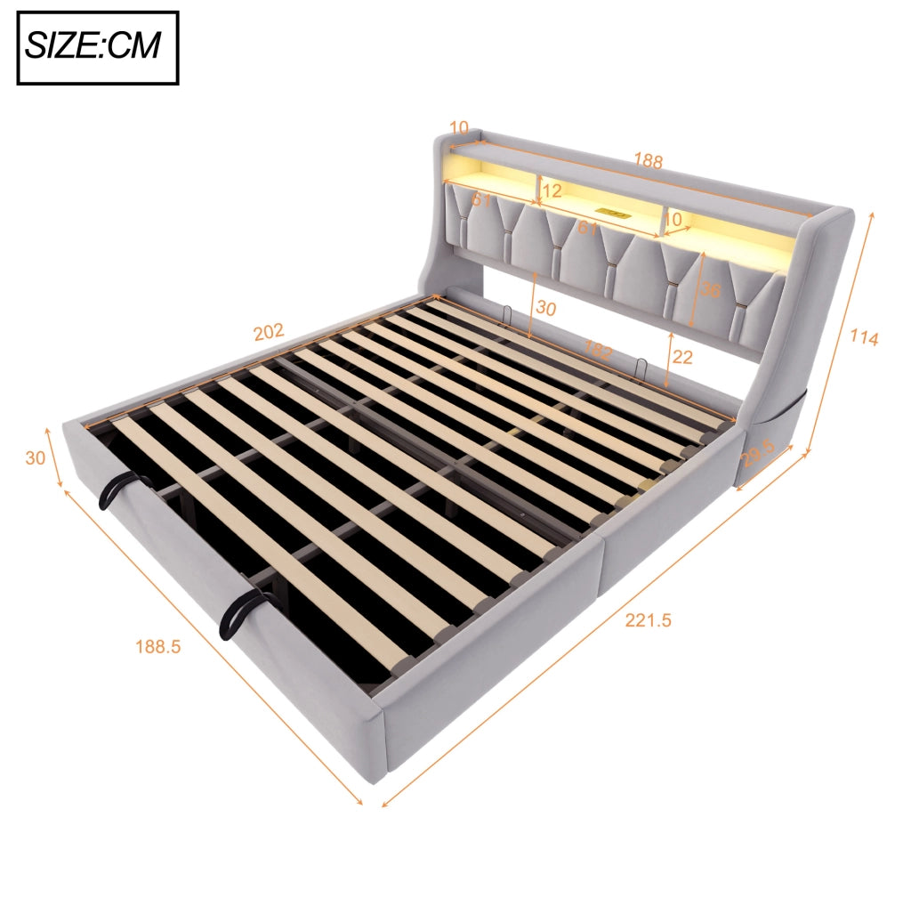 Letto contenitore imbottito 180x200 cm con LED, prese e testiera con vano