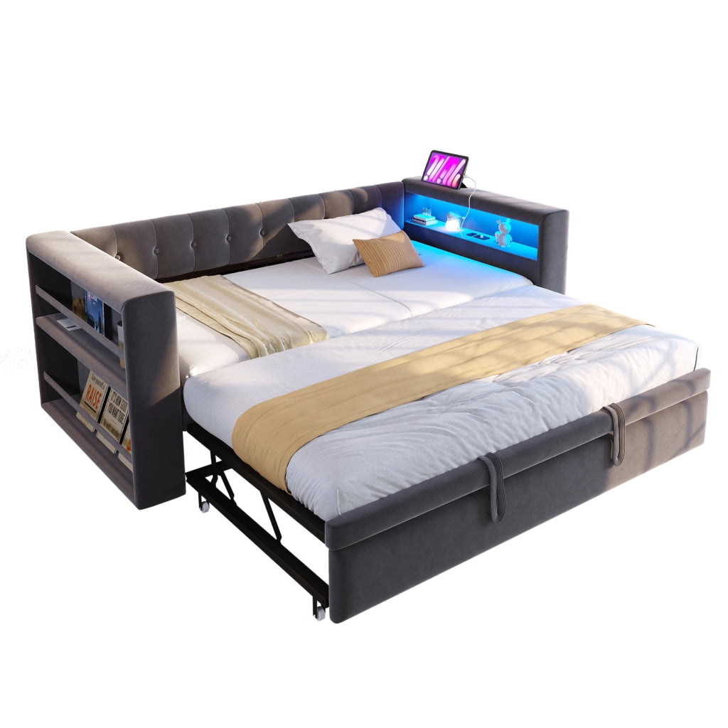 Divano letto multifunzionale 90/180x190 cm in flanella grigio scuro con LED, presa integrata e vani contenitore