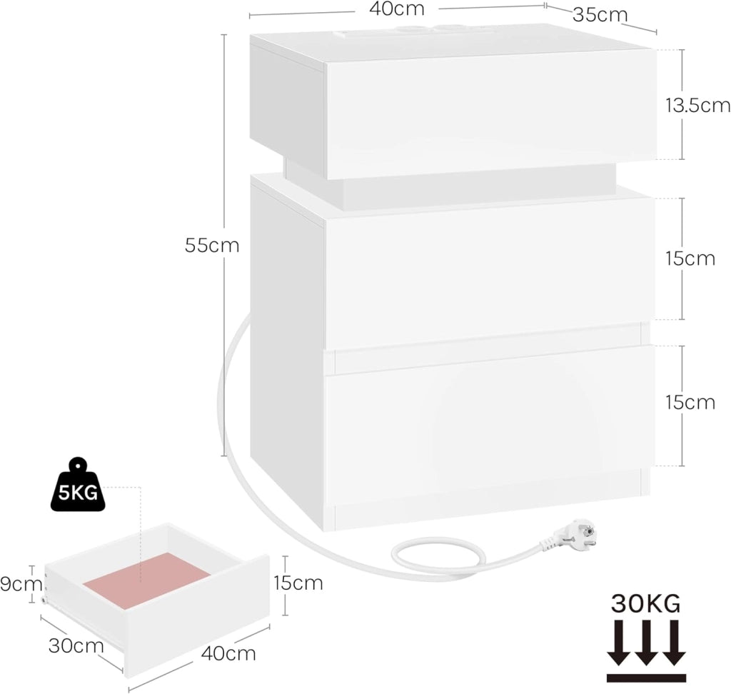 Comodini Set di 2, con Stazione di Ricarica, Comodini a LED Connesso, 2 Prese, 2 Porte USB, 2 Cassetti, 1 Scomparto con Sportello, per Camera da Letto, 40 x 35 x 55 cm, Bianco