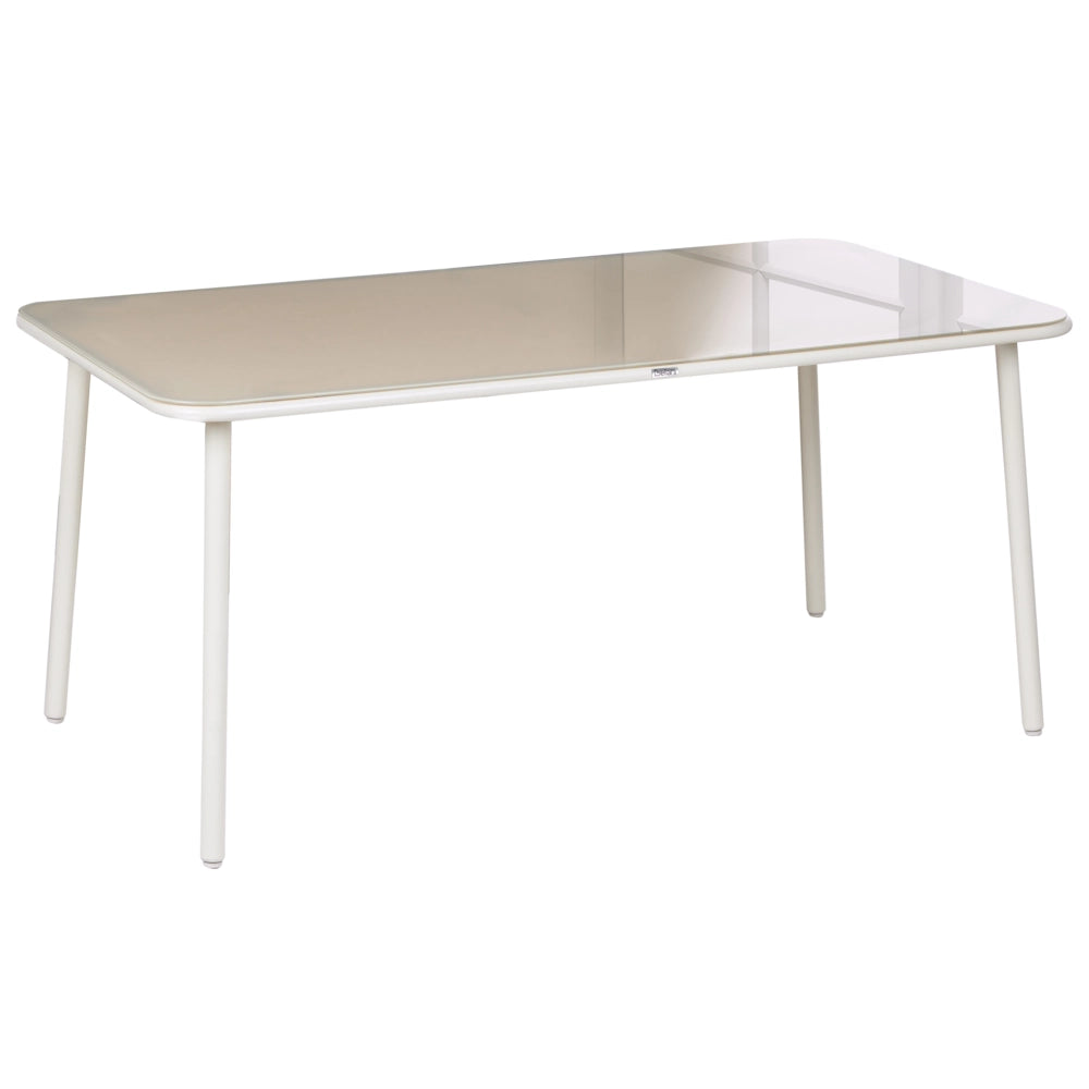 Tavolo da esterno con struttura in acciaio beige chiaro e piano in vetro temperato, 160 x 90 cm, verniciato a polvere, per 6 persone, resistente ai raggi UV e all'acqua