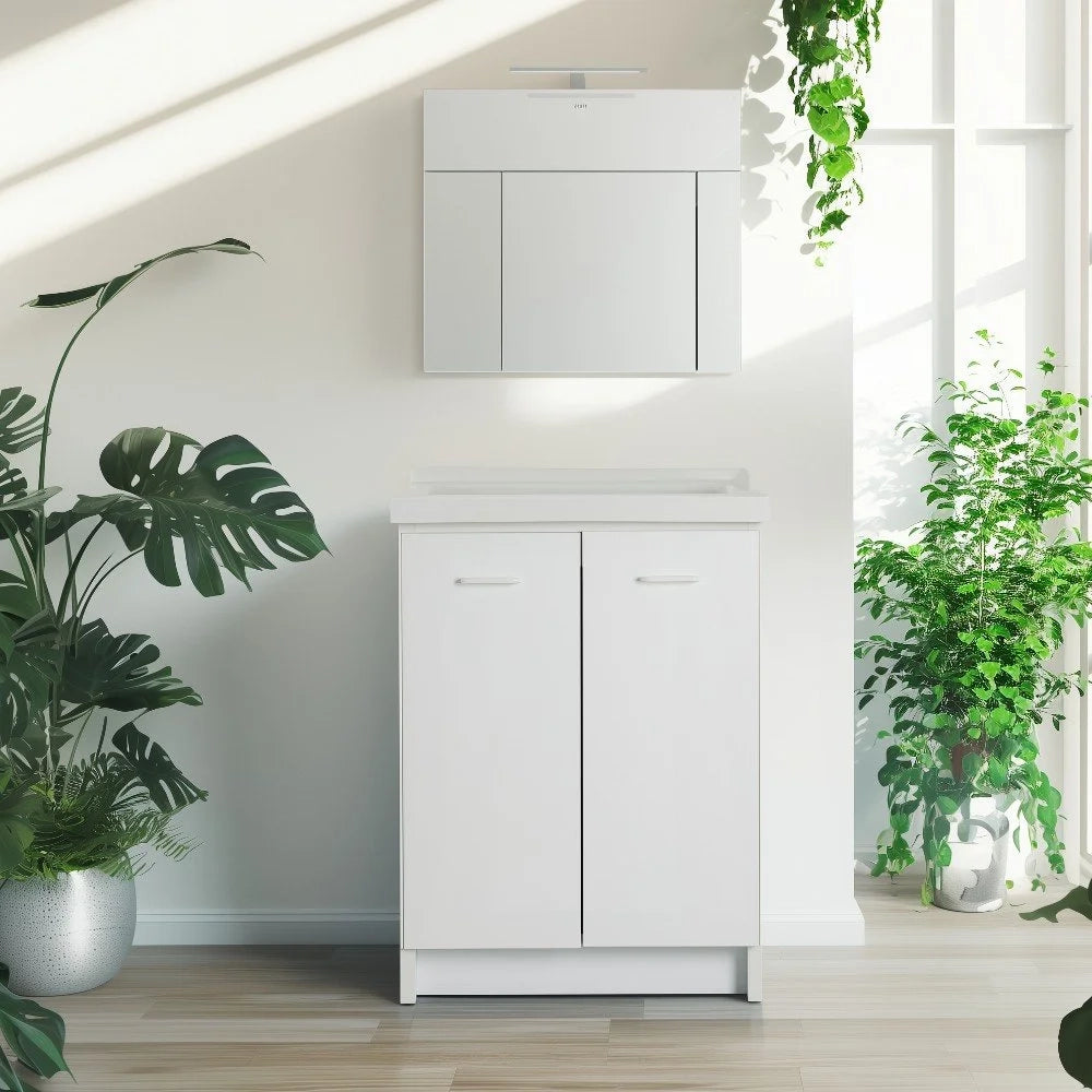 Mobile lavatoio 60x64 cm bianco con vasca in ceramica e asse in legno | Edilla 