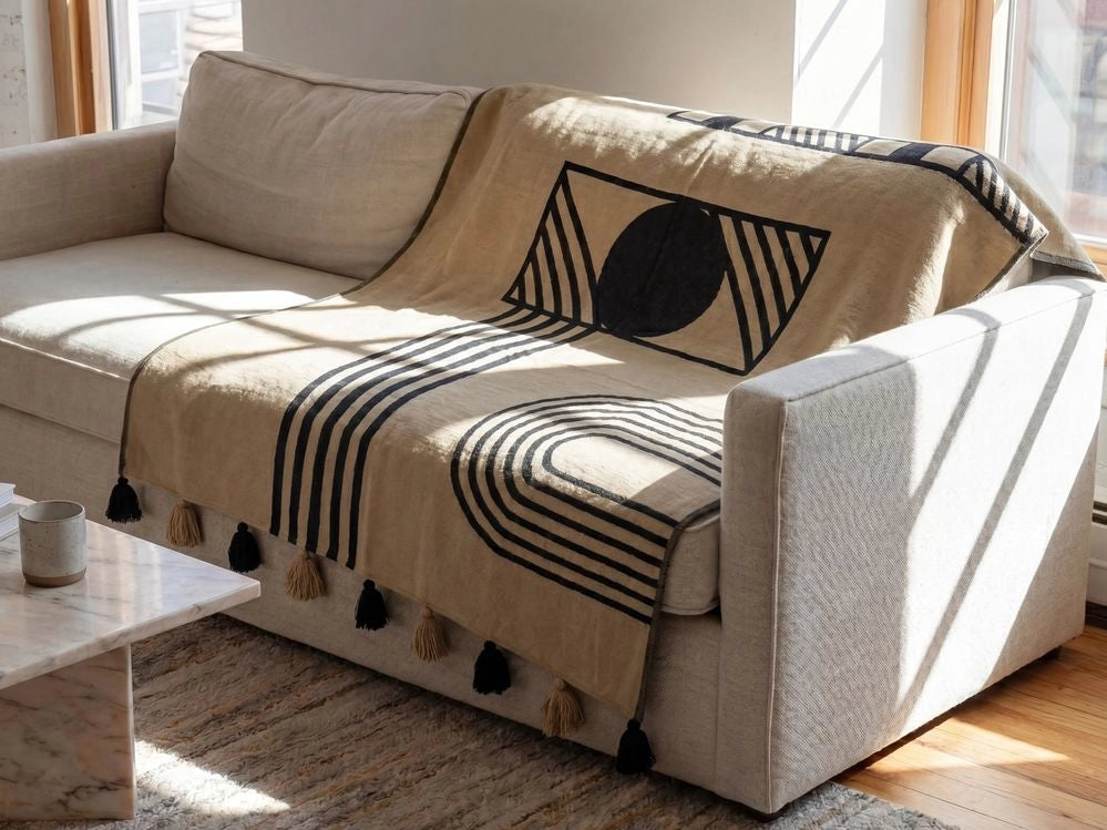 Coperta in acrilico beige nero 130 x 170 cm copriletto in poliestere motivo astratto con frange soggiorno camera da letto
