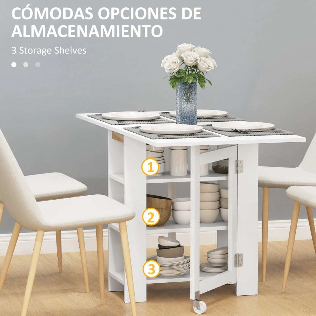 Tavolo da Cucina Pieghevole con Ruote e Ripiani ¨C Zephmum ¨C Bianco 120x60x75 cm