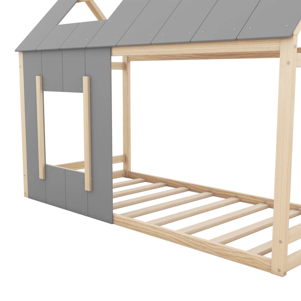 Letto per bambini a forma di casa 90 x 200 cm in pino e MDF, colore naturale, con tetto e finestra