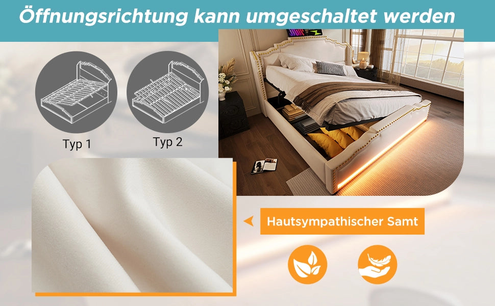 Letto Imbottito Contenitore 140x200 con Materasso ¨C MINIMAL ¨C Velluto Beige, LED, Idraulico, Doghe