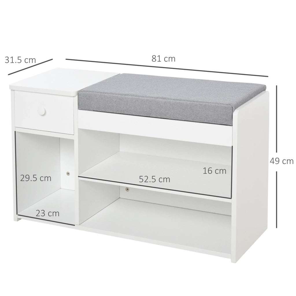 EasyComfort Panca Scarpiera con Cuscino, Cassetto e 3 Vani Aperti in Legno, 81x31.5x49cm, Bianco