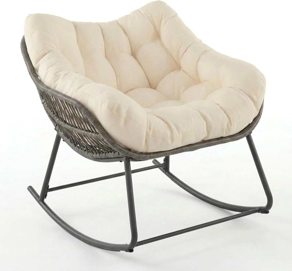 Sedia a Dondolo da Esterno e Interno, Poltrona Relax da Giardino in Rattan PE, con Cuscino Imbottito, Sedile Ampio e Antiribaltamento, per Salotto, Balcone, Terrazza, Portata 150 kg, Beige