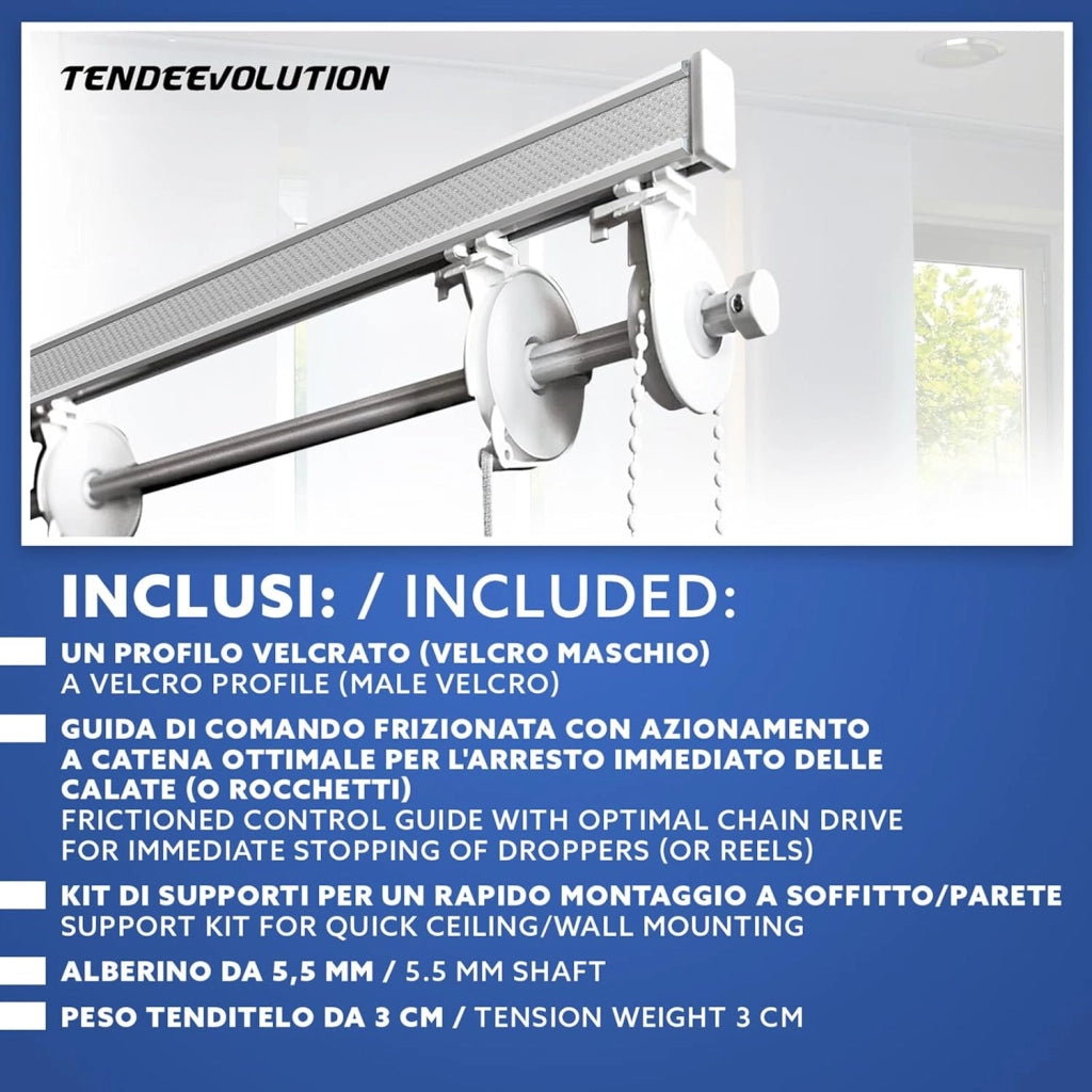 BASTONE BINARIO PER TENDA A PACCHETTO CON 4 CALATE A SGANCIO RAPIDO IN ALLUMINIO BIANCO LUNGHEZZA 100 CM Attacco Parete COMANDO A DESTRA
