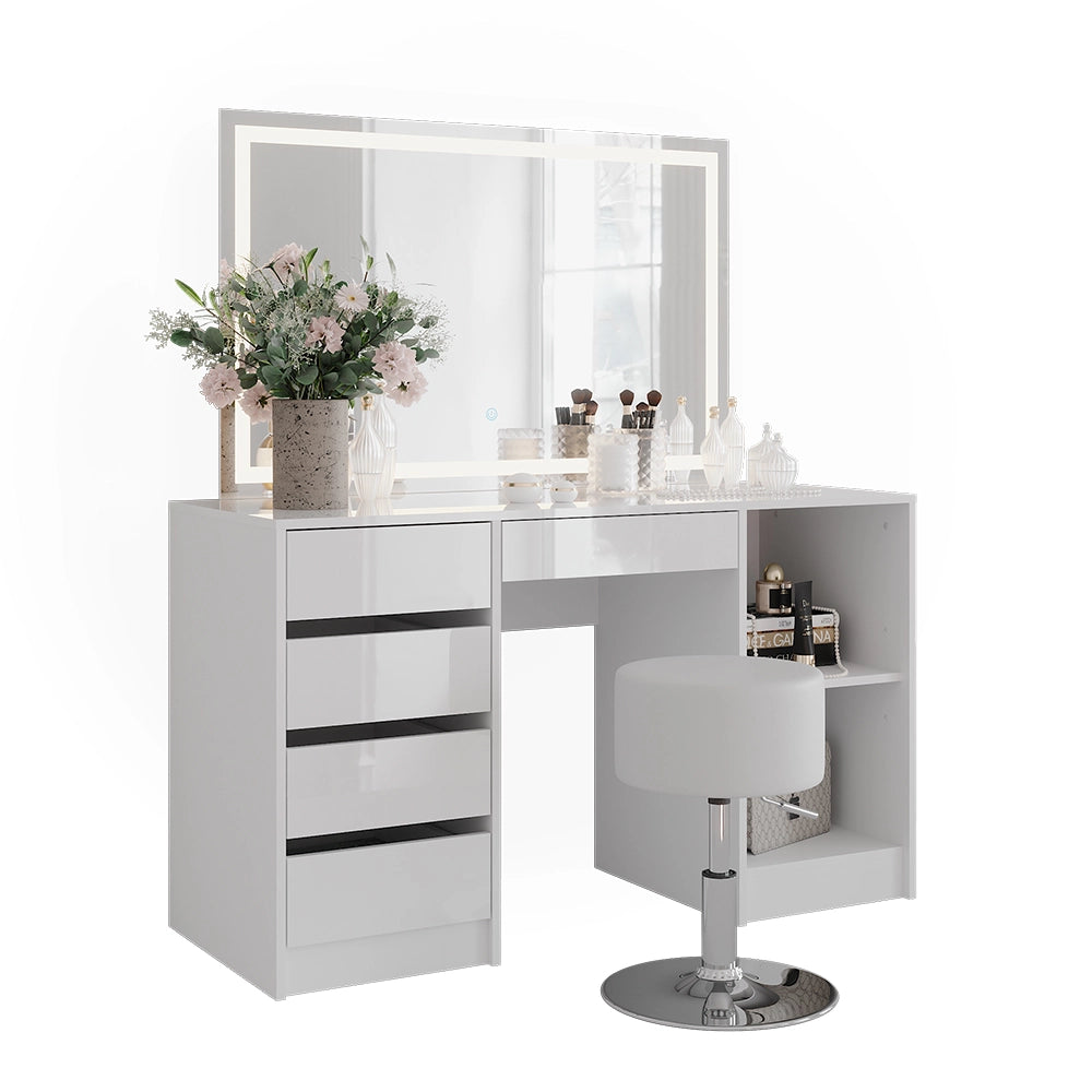 Vicco Tavolo da toeletta Bianco/bianco lucido 128.2 cm con specchio LED e sgabello