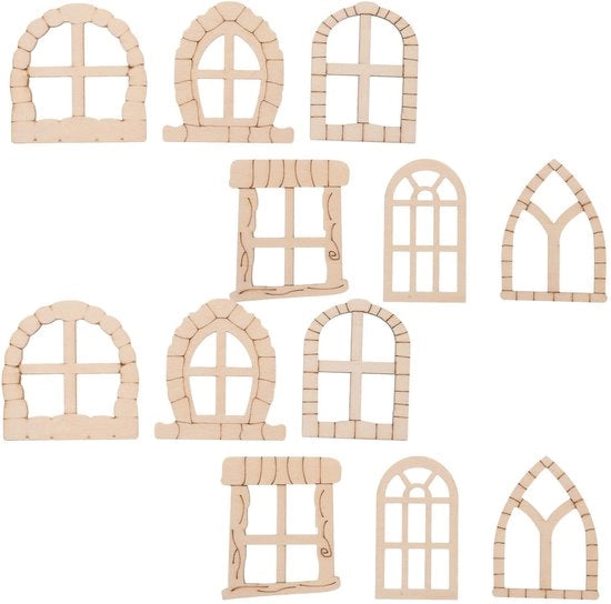Accessori per finestre e porte in legno per progetti di casa di cartone per bambini, 25 pezzi, incompleti
