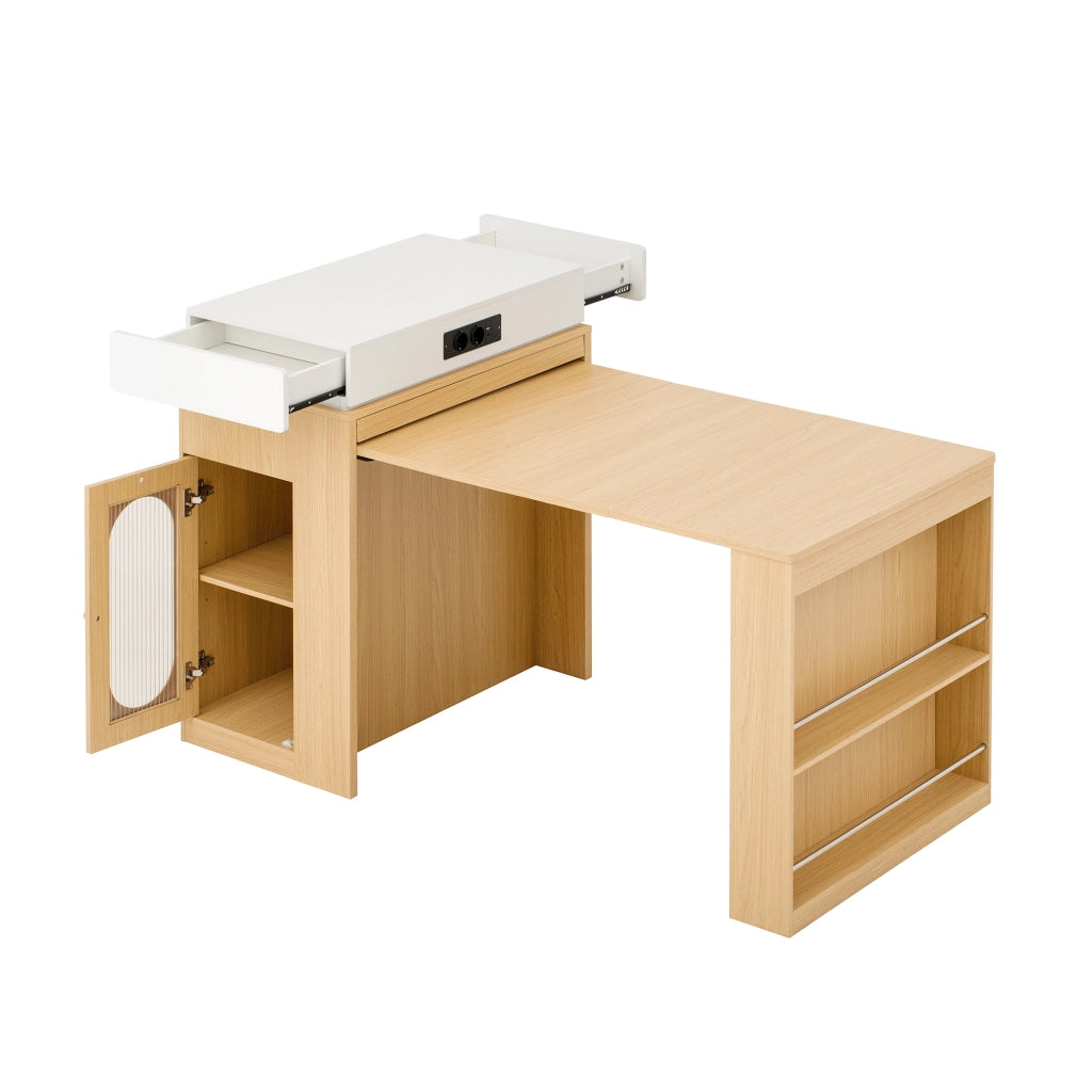 Carrello da Cucina con 1 Cassetto; Ripiani Regolabili; Piano Pieghevole e Prese; in MDF e Vetro; 83x46x96 cm; Naturale