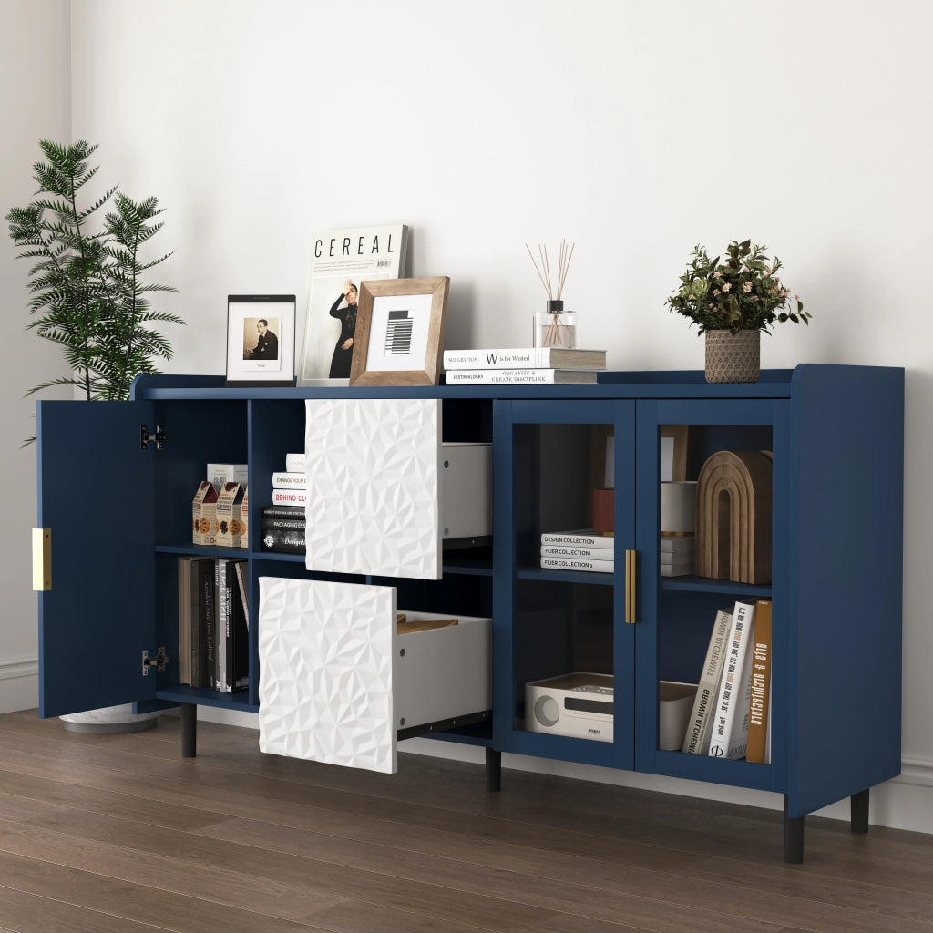Credenza da cucina con 2 Cassetti; 2 Vani aperti e 2 Ante in vetro per Cucina in MDF Blu