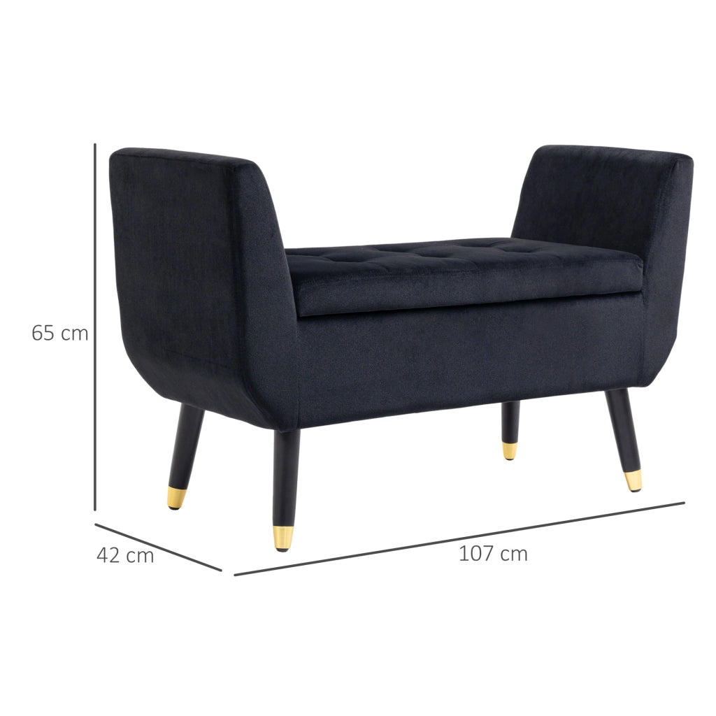 Panca contenitore elegante con seduta imbottita e interno capiente, gambe in legno di caucciù, poliestere, nero