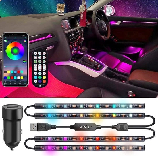 Interieurverlichting per auto DC5 V con connessione USB a caricabatteria a LED 5050 con striscia di illuminazione interiore con controllo via app e telecomando, illuminazione di atmosfera - blu, rosso, verde, viola.