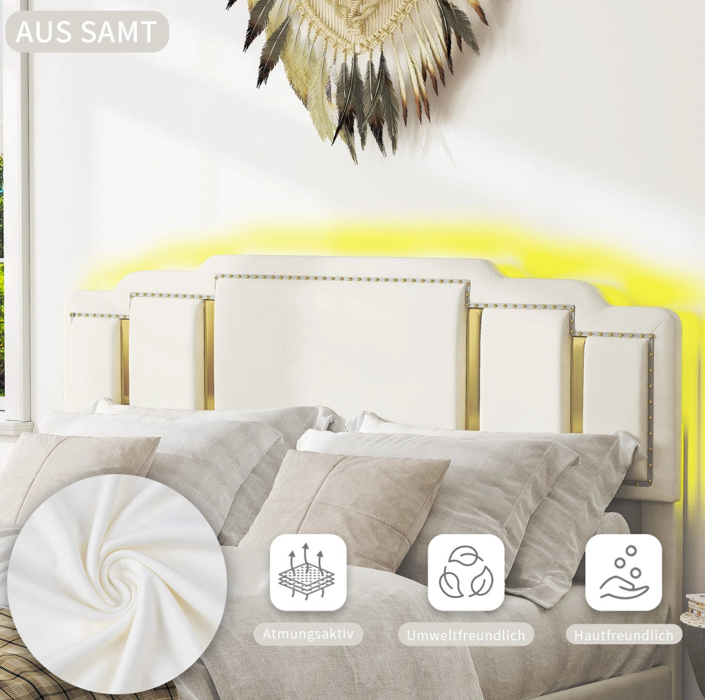Letto matrimoniale 160x200 cm in velluto beige con LED e cassetti