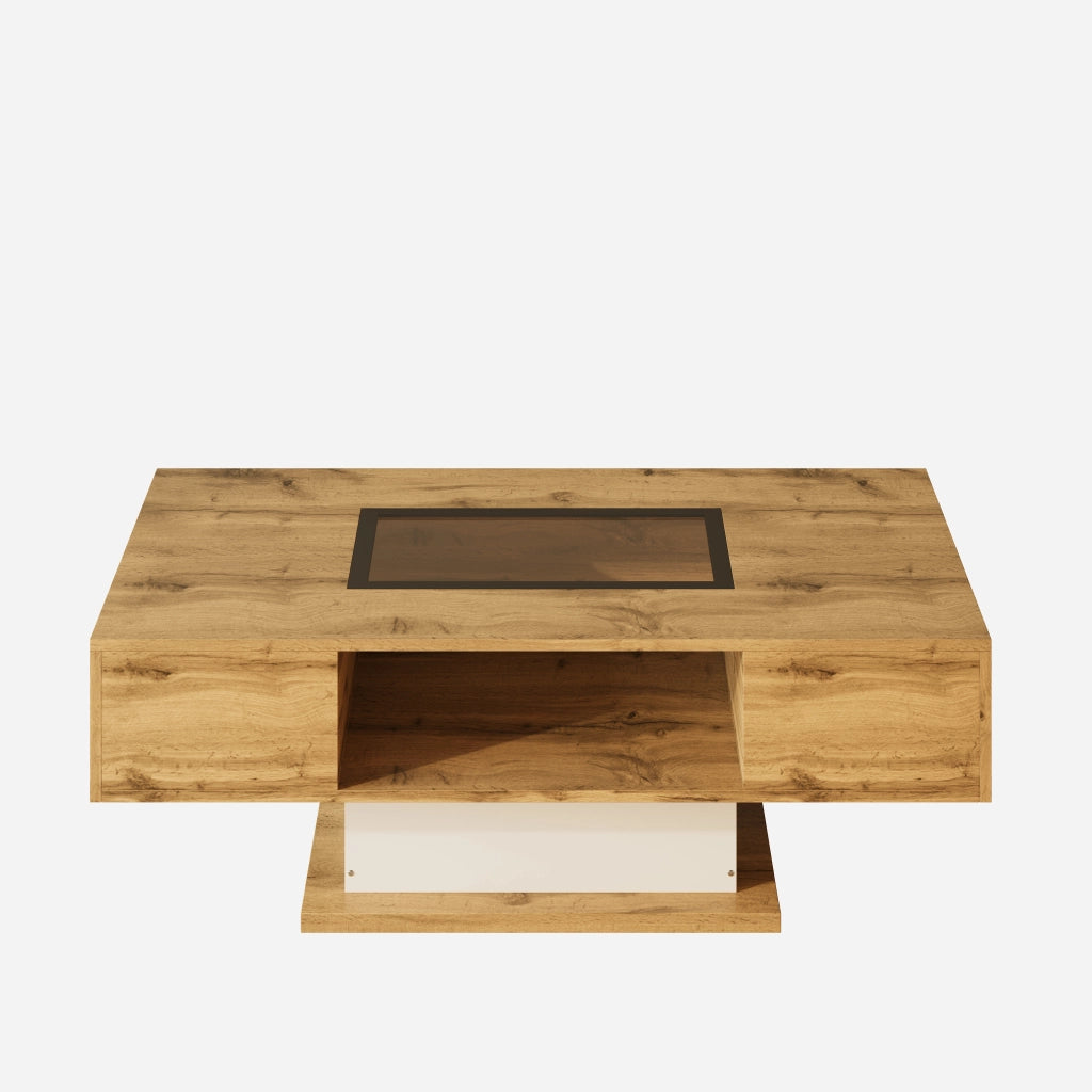 TAVOLO Basso con 2 Cassetti e LED, 110,2 x 60 x 39,7 cm, bianco e legno