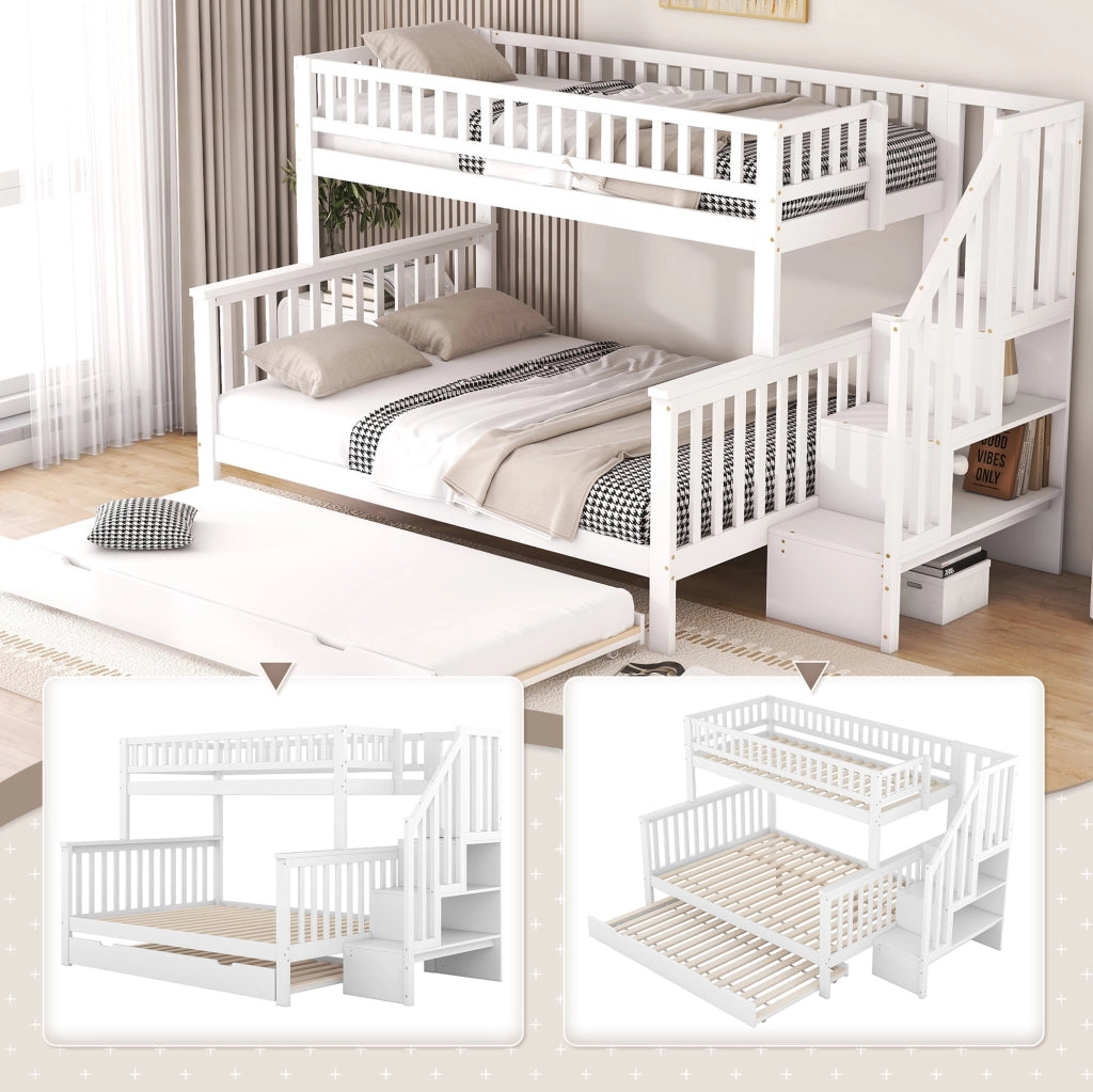 Letto a castello ULEVR 90x200 e 140x200 cm con letto estraibile, scala contenitore, pino e MDF, bianco