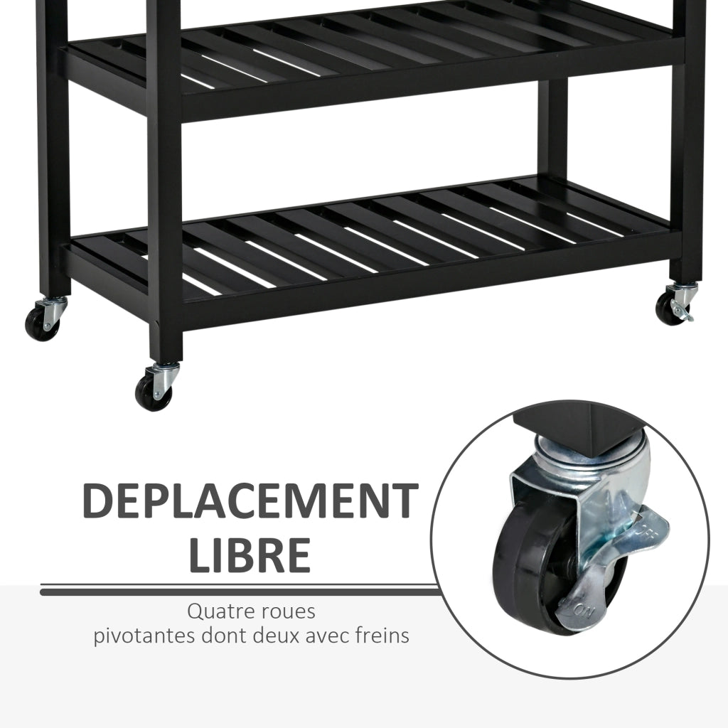 Carrello da cucina con ruote ¨C zephmum ¨C 2 ripiani, 2 cassetti, nero, legno naturale