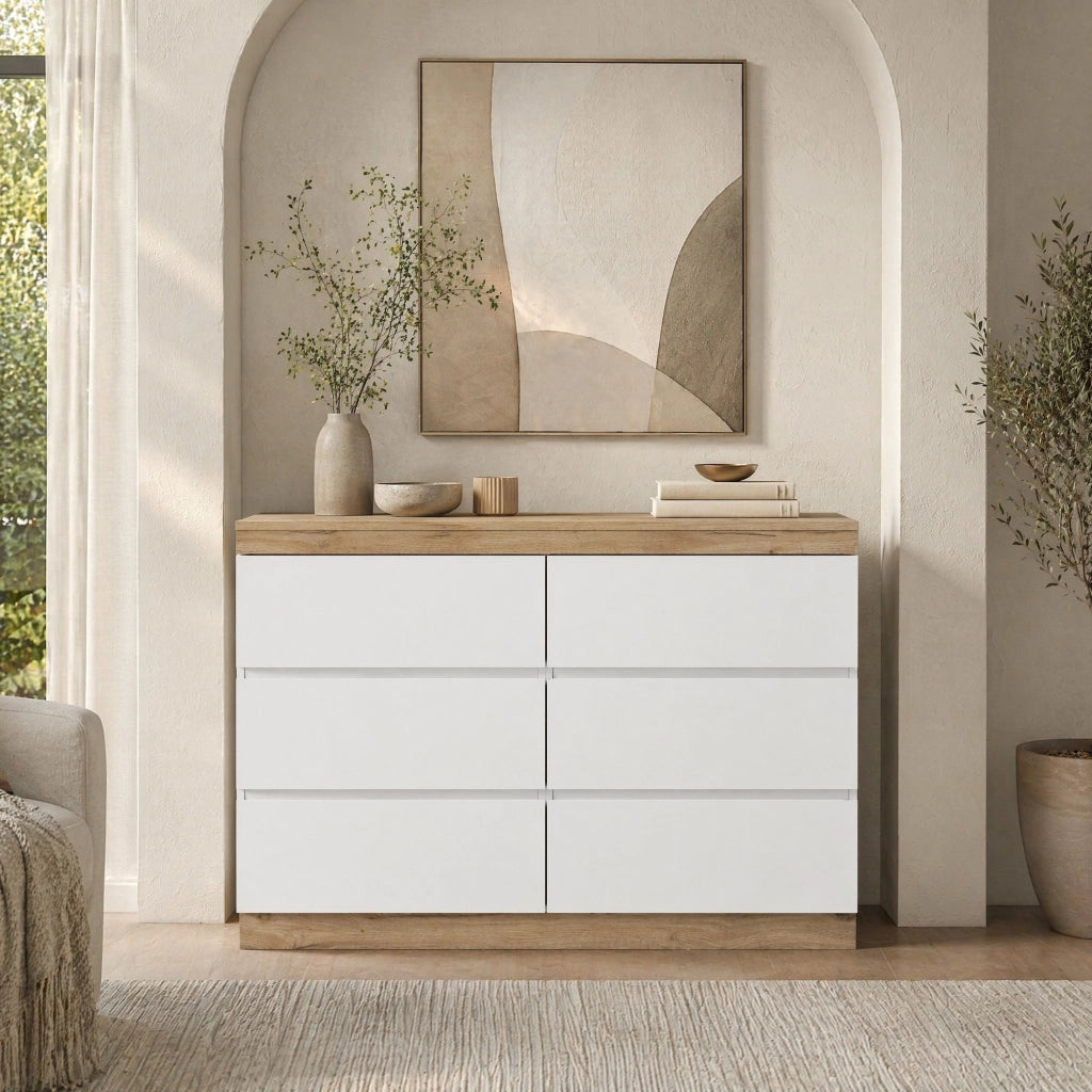 COMODA 6 cassetti in truciolato E1 Bianco e Rovere