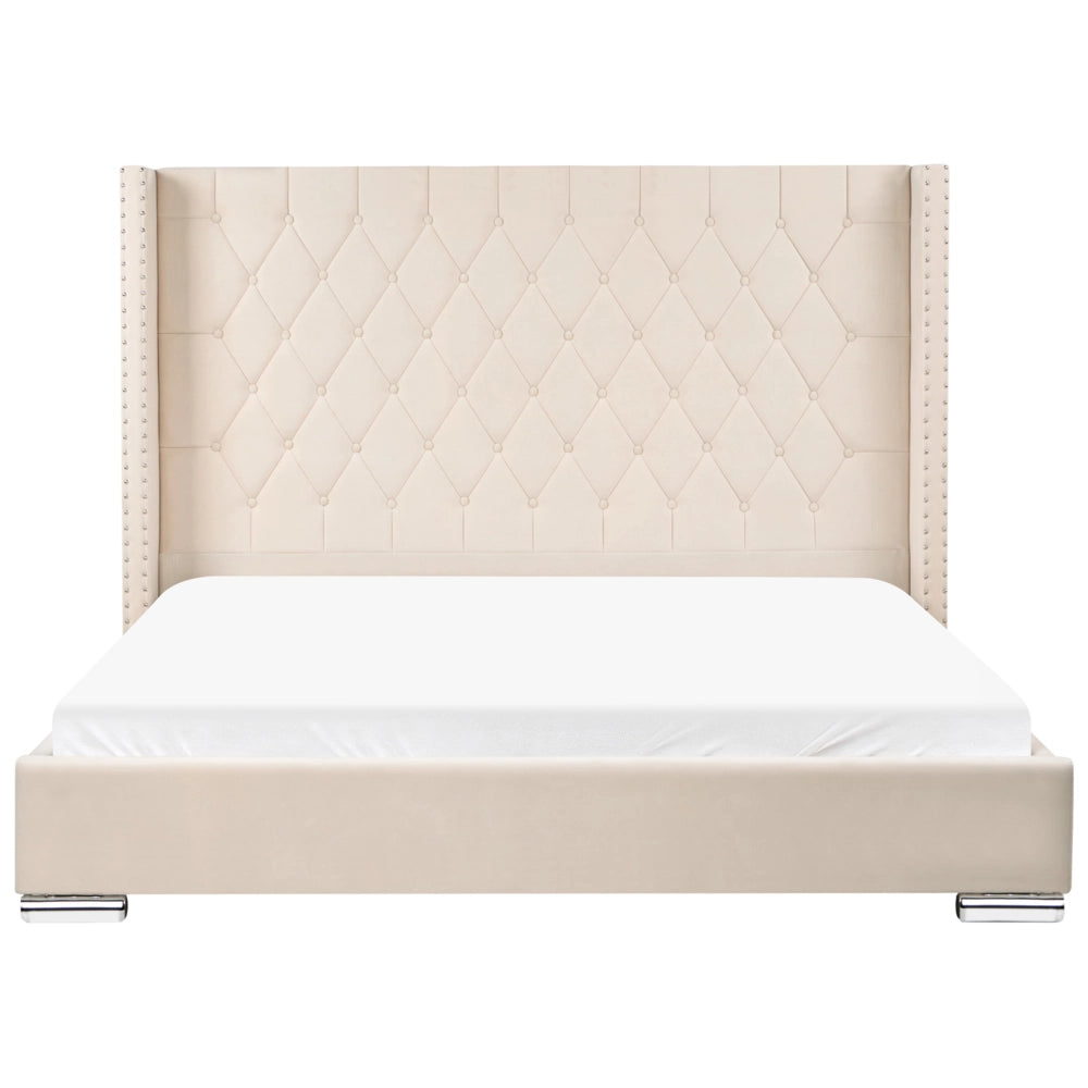 Letto con rete in velluto bottonato, elegante, bianco sporco, 180 x 200 cm
