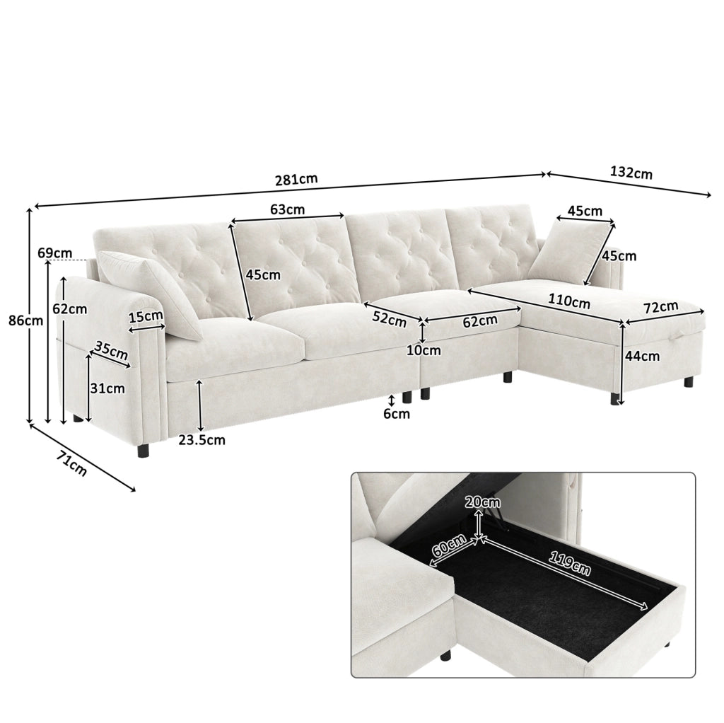 Divano angolare 281x132x86 cm con funzione letto e vano contenitore in velluto beige