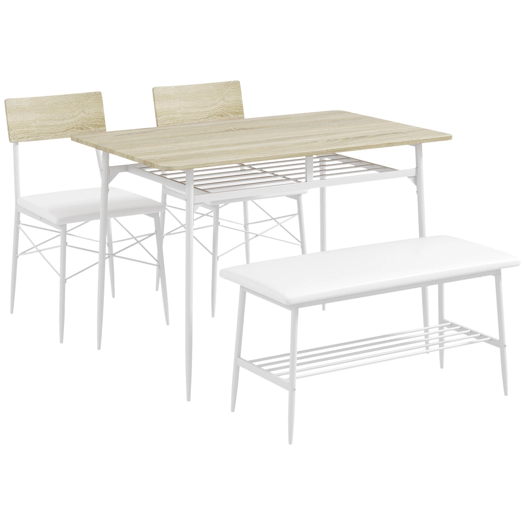 Tavolo da pranzo per 4 persone con 2 sedie e panca, ripiani contenitore, per cucina e sala da pranzo, rovere