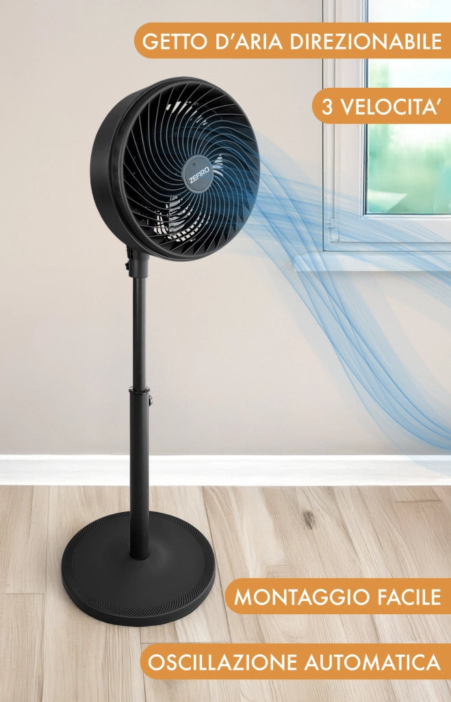 Ventilatore Piantana 70 Watt Base Rotonda 3 Velocità Grande Potente Oscillante Silenzioso Alto 90 Cm 5 Pale Colore Nero Design Moderno Prodotto Certificato Ce RoHS