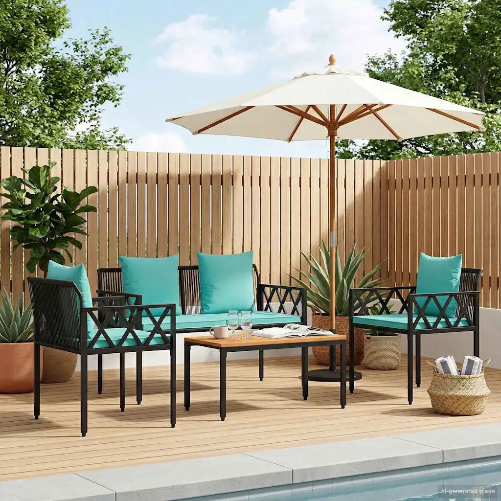 Set Mobili da Esterno 4 pcs Nero e Turchese polyrattan 42025346