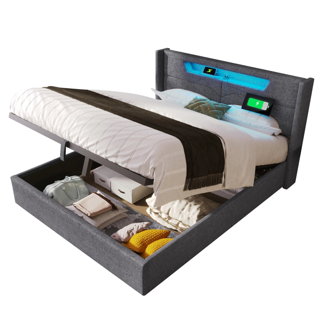Letto matrimoniale 160x200 cm in tessuto effetto lino grigio con LED; USB e Type C; contenitore